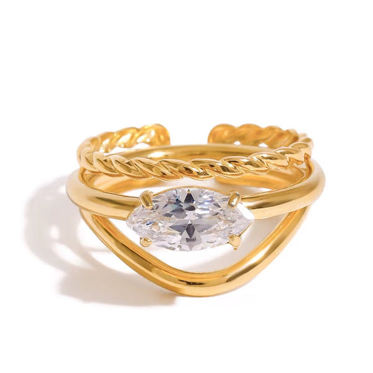18K Gold Plated Ring Set - Marquise Zircon & Chain Band - Luméra Designs