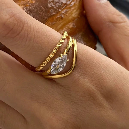 18K Gold Plated Ring Set - Marquise Zircon & Chain Band - Luméra Designs