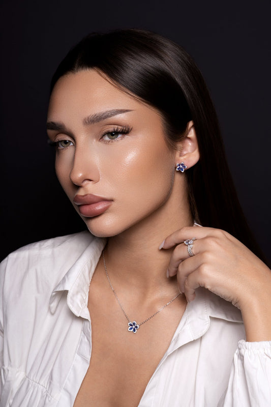 luxury blue flower set handcrafted jewelry, elegant blue flower necklace earrings set